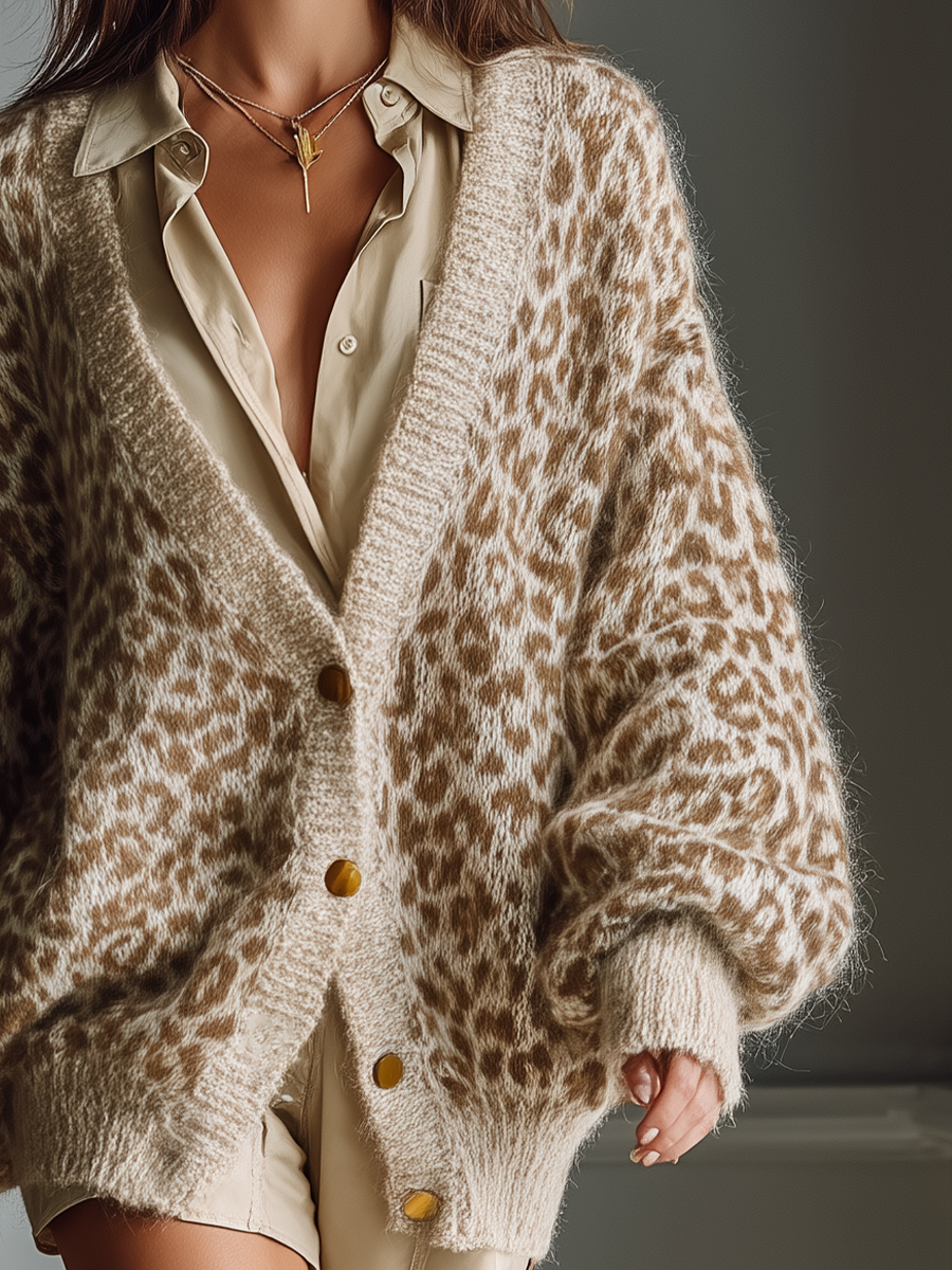 Women's Beige And Brown Leopard Print Knitted Fashion Cardigan MDA1069J5T