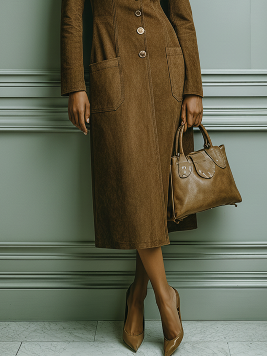 Women's Dark Brown Vintage Faux Suede Suit Collar Long Coat MDA1096J3T