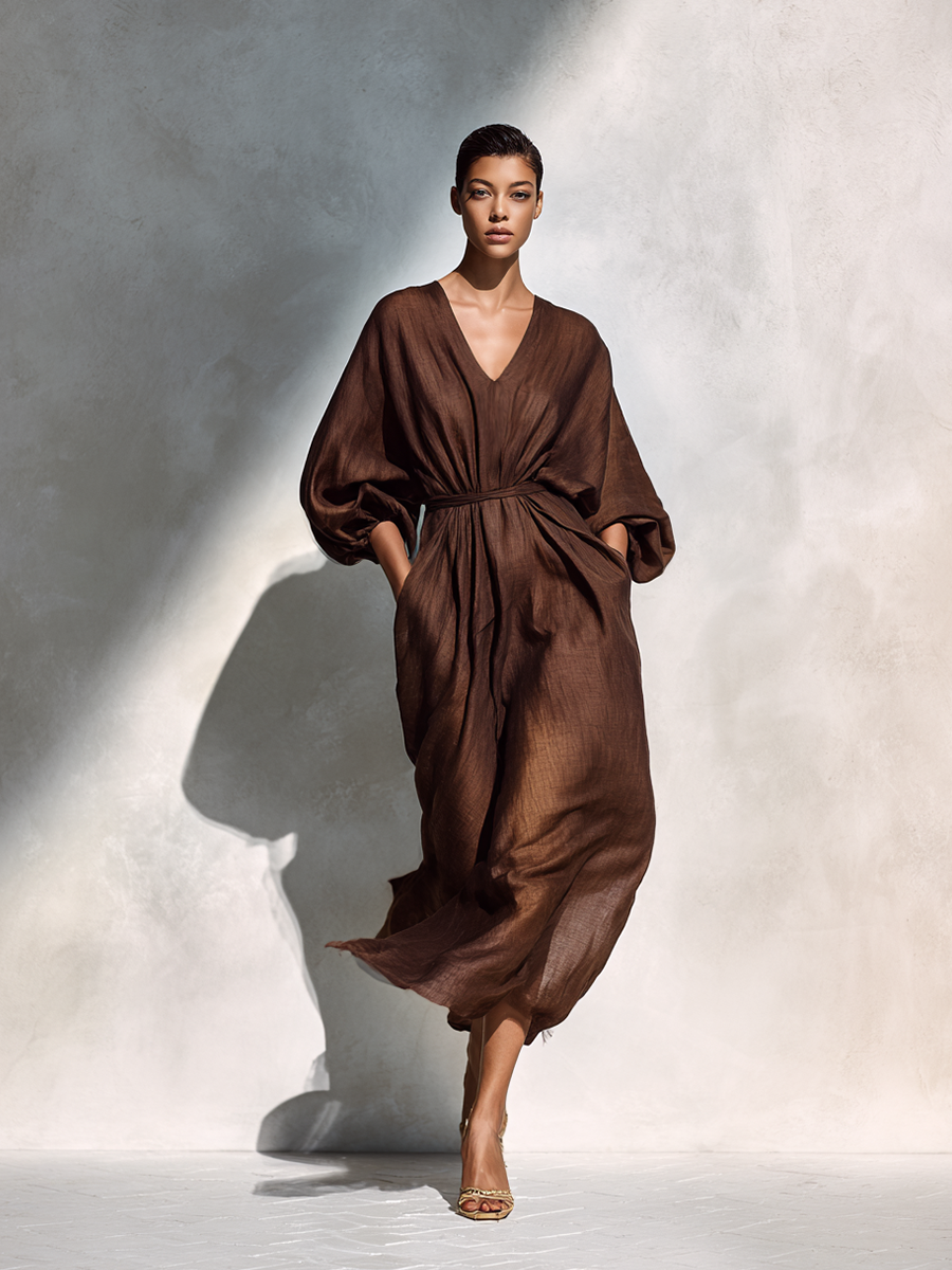 Women’s Brown Linen V-Neck Long Sleeve Maxi Dress MDA2719K1AP