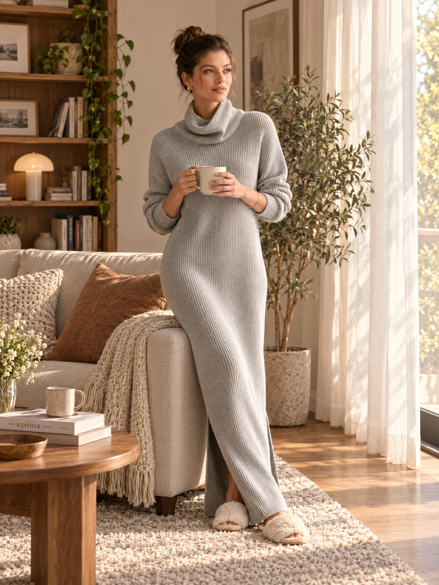 Women's Turtleneck Ribbed Knit Sweater Maxi Dress with Side Slit