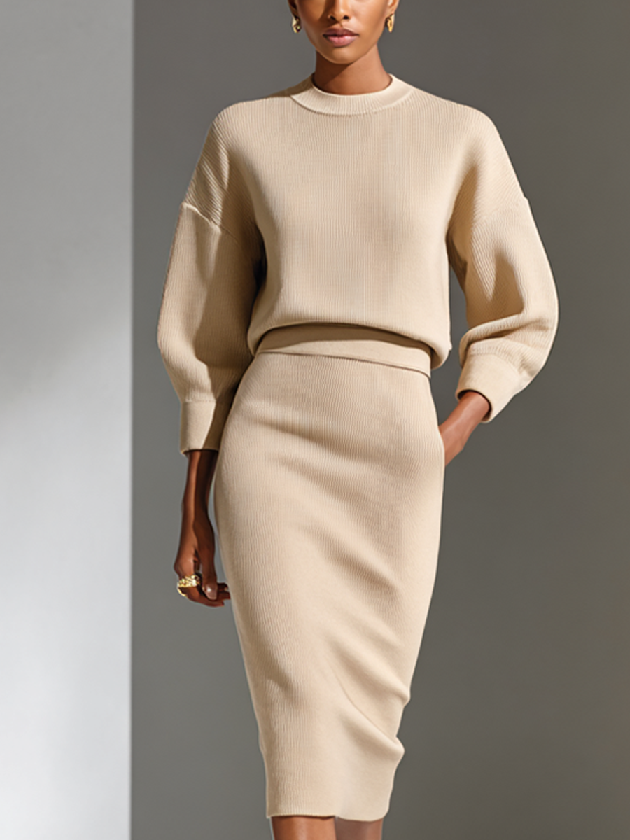 Women's Beige Ribbed Knit Puff Sleeve Top And Skirt Set MDA1167L9AP