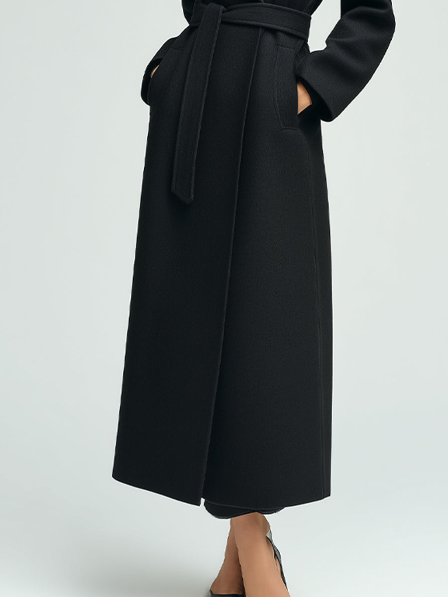 Women's Black Wool-Blend Maxi Coat With Structured Shoulders & Flap Pockets, Sophisticated Winter Style Coat MDA0474K5I