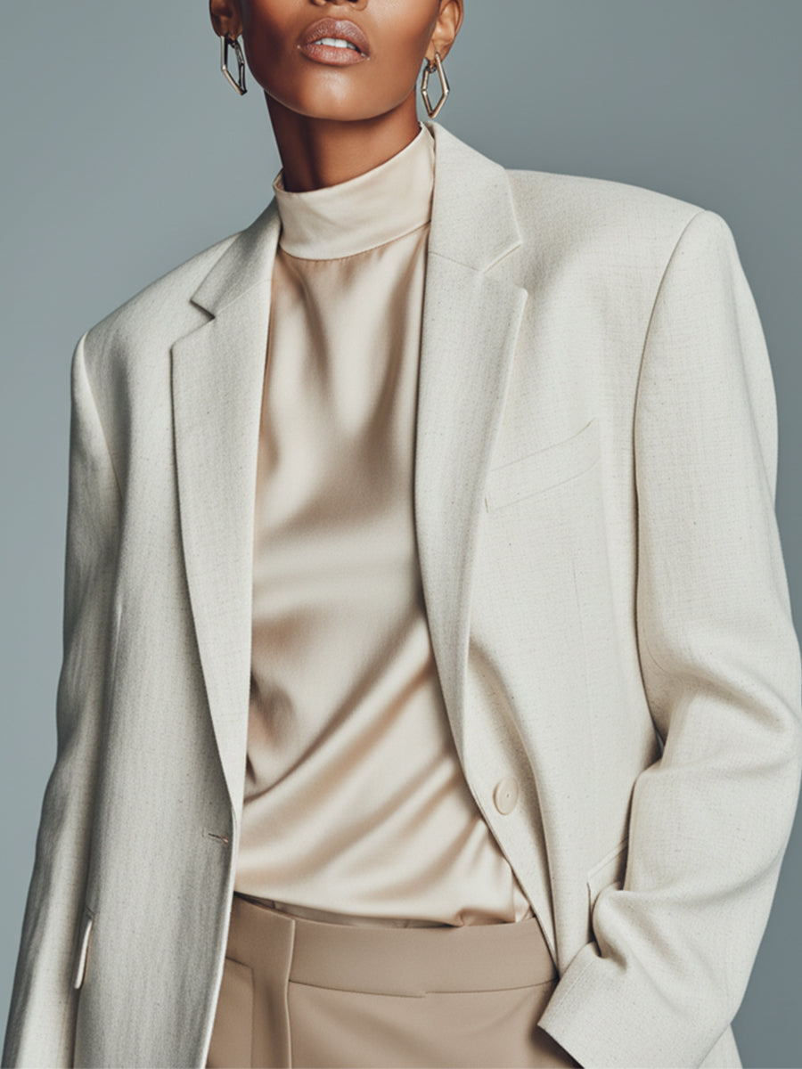 Women's Cream Textured Woven Single-Breasted Blazer MDA2839K5I