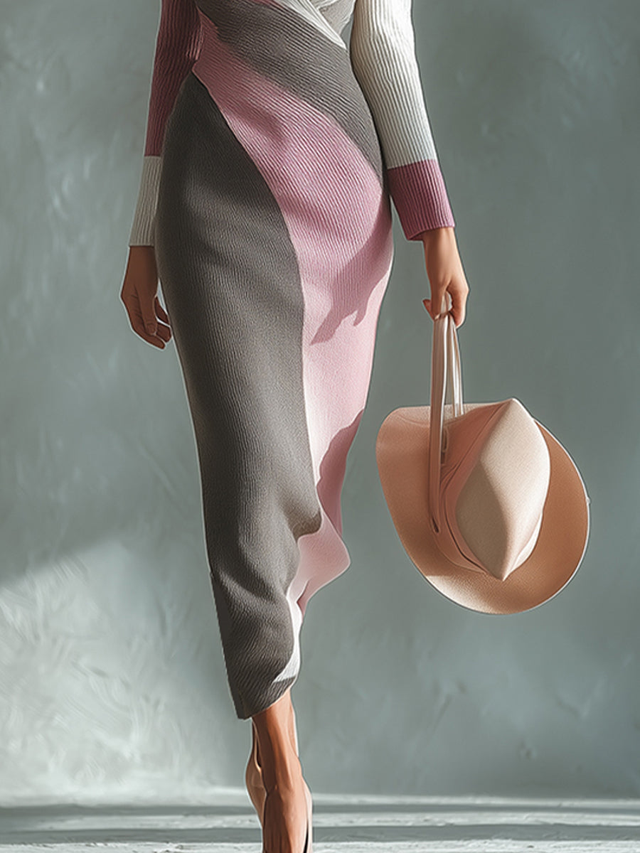 Women's Pink - Grey Sophisticated Rib - Knit Color - Block Maxi Dress MDA0888H1I