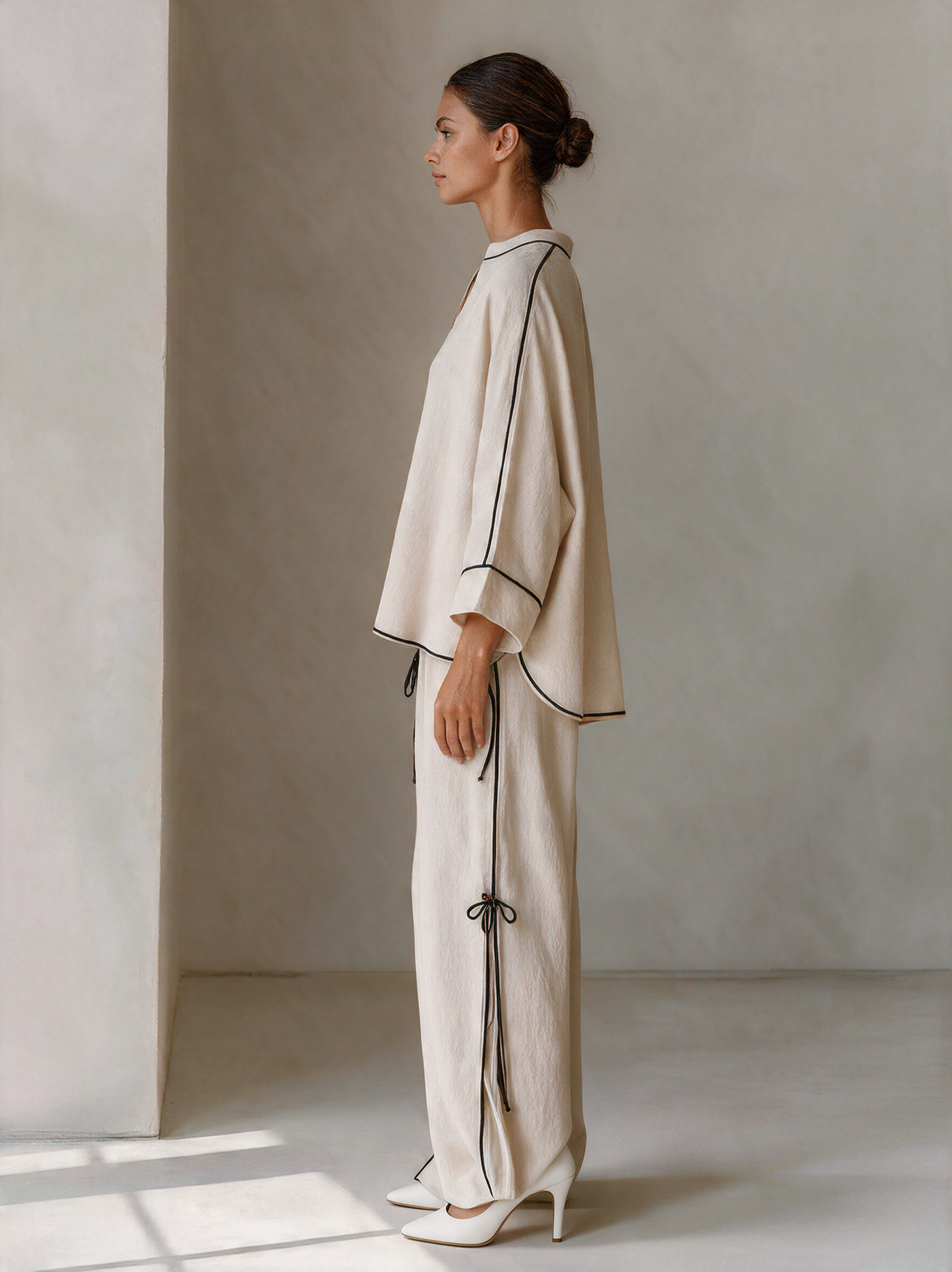 Women's Off‑White Contrast‑Piping Stand‑Collar Top & Side‑Tie Wide‑Leg Trousers Two‑Piece Set MDZ0495I9R