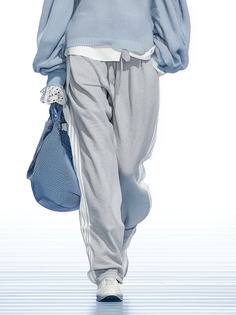Women's Light Blue & Gray Two-Tone Set With Lace Trim Knit Top & Sweatpants, Modern Casual-Chic Style Set MDA0898L9I
