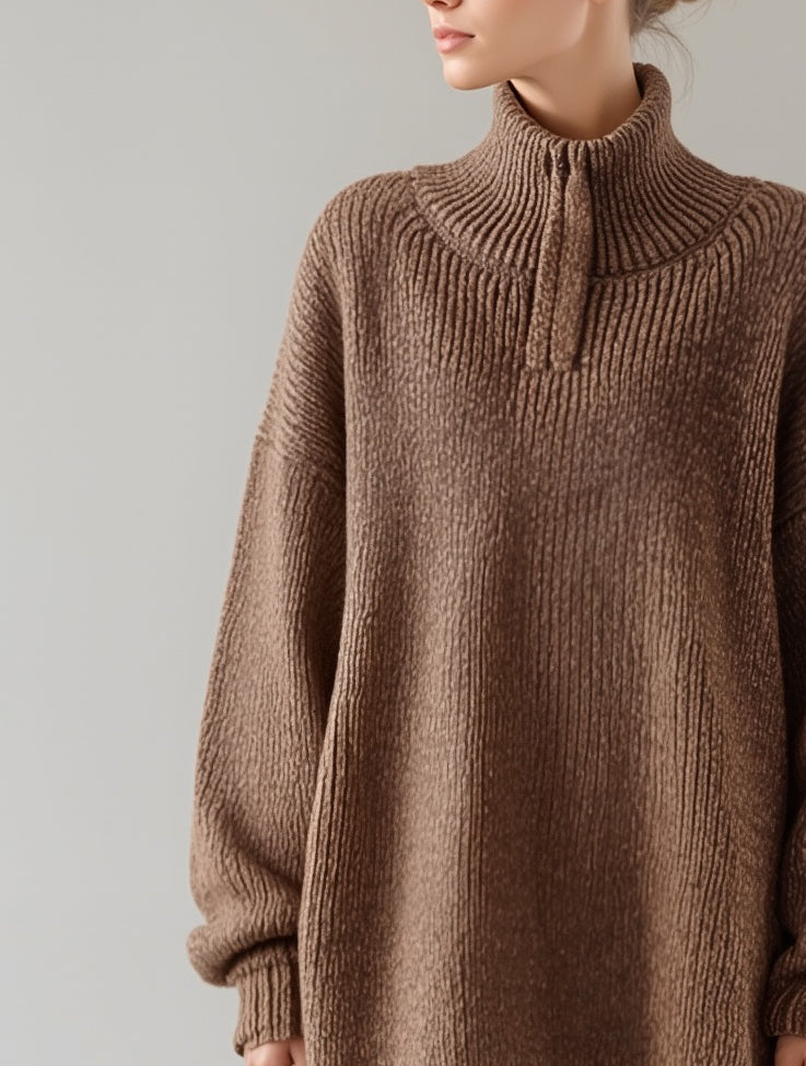 Women's Casual Camel-colored Zippered Adjustable Mid-neck Short Knitted Loose Sweater Dress MDA0748K5AN