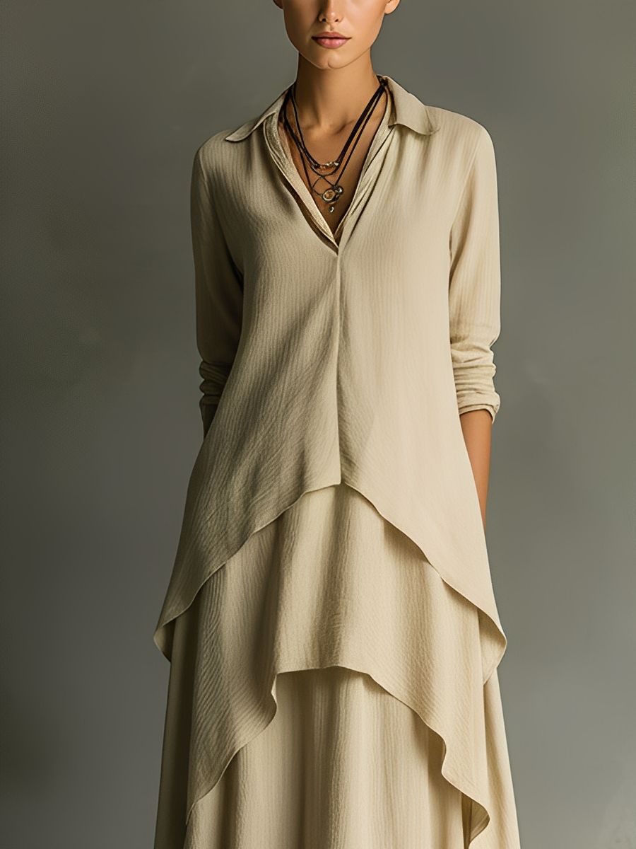 Women's Light Khaki Cotton-linen Blend Layered Long Dress MDA2599K1T