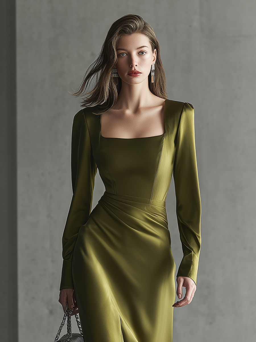 Women's Olive Green Satin Fabric Square-Neck Ruched Slit Midi Dress MDA0990L7T