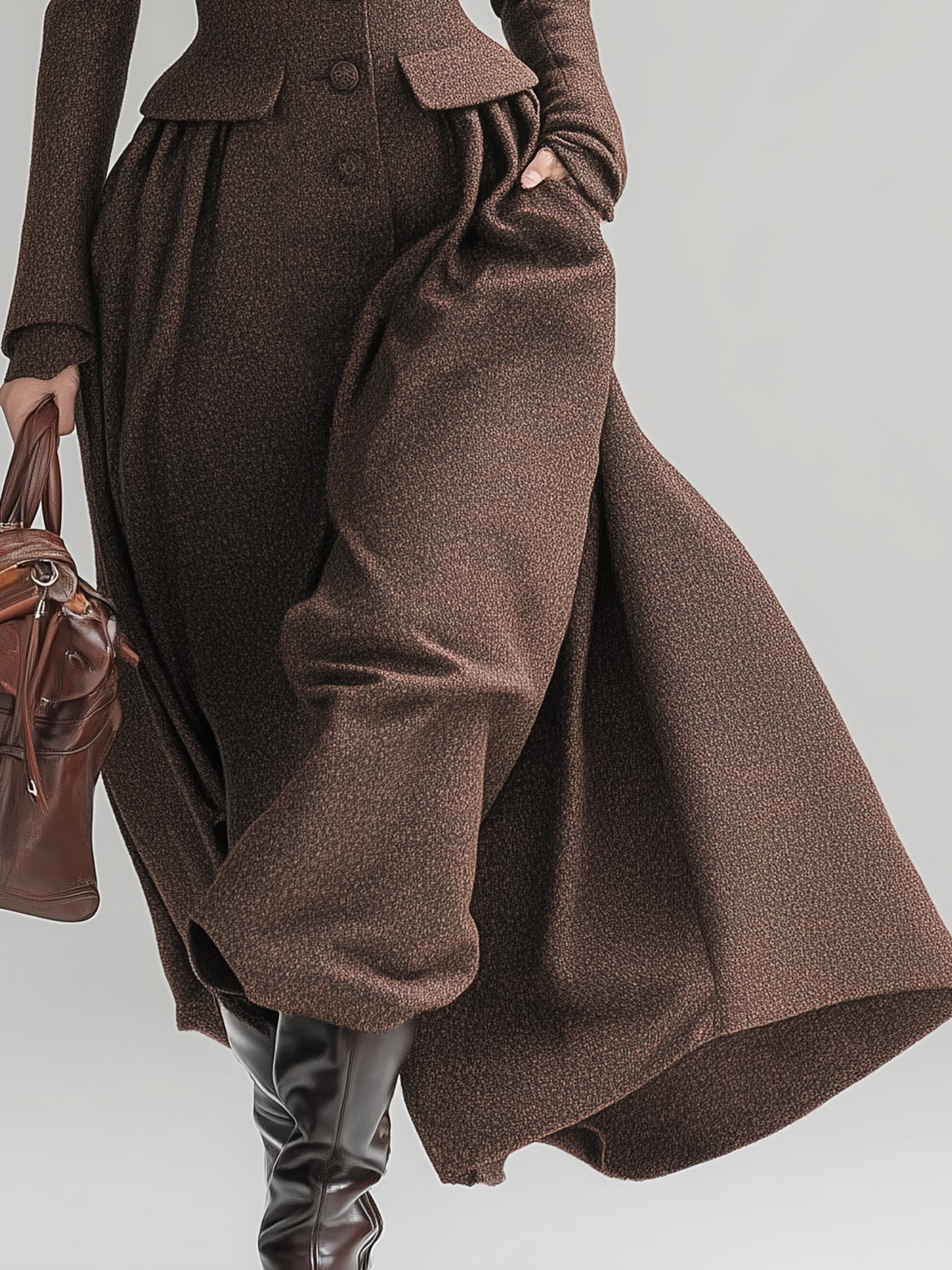 Women's Elegant Woolen Blend Lapel Single-Breasted Long Coat MDA1025J8Y
