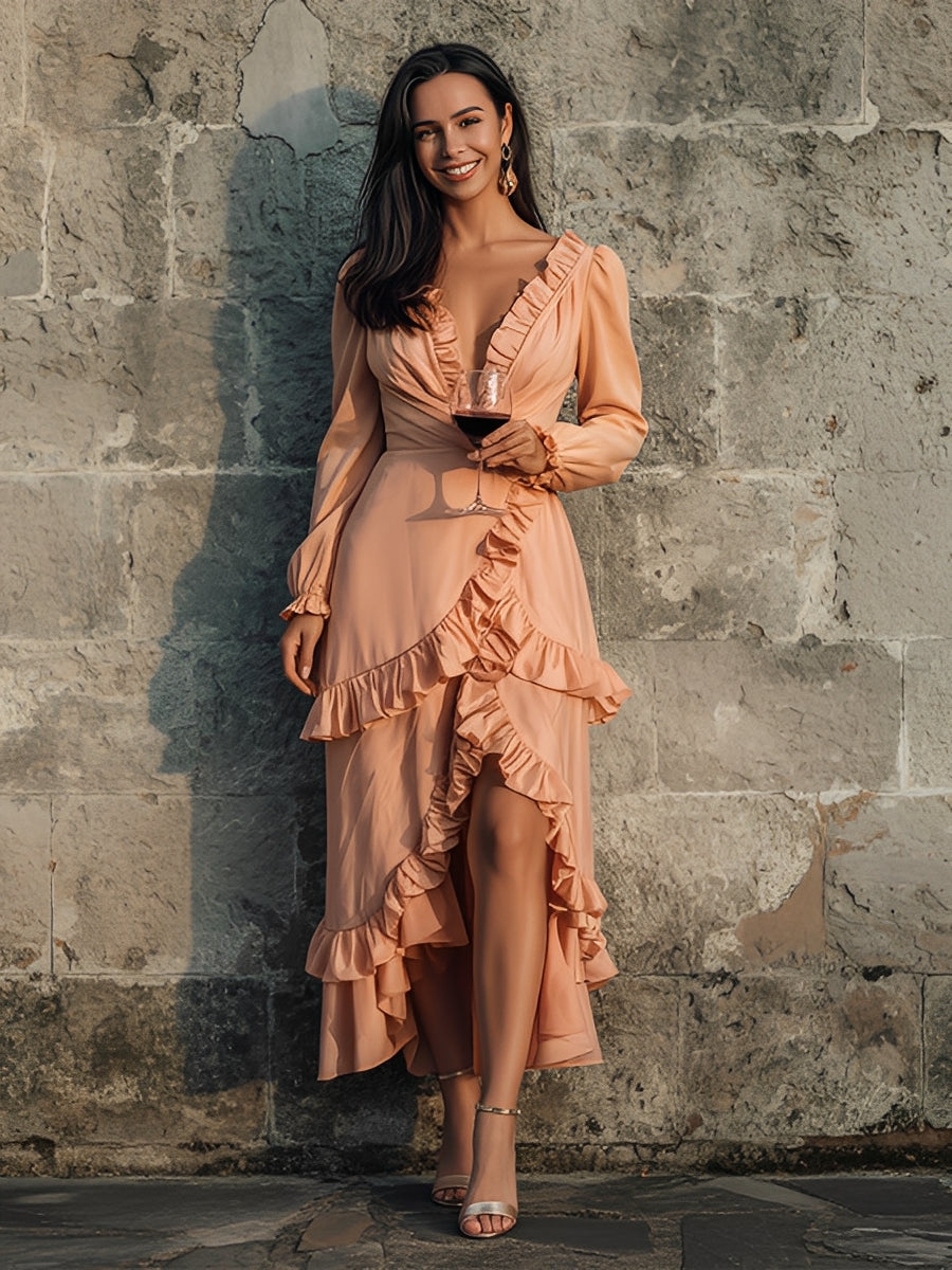 Women's Blush Peach Satin Dress With Ruffle Trim & Deep V-Neck, Timeless Romantic-Elegant Style Dress MDA1940L9I