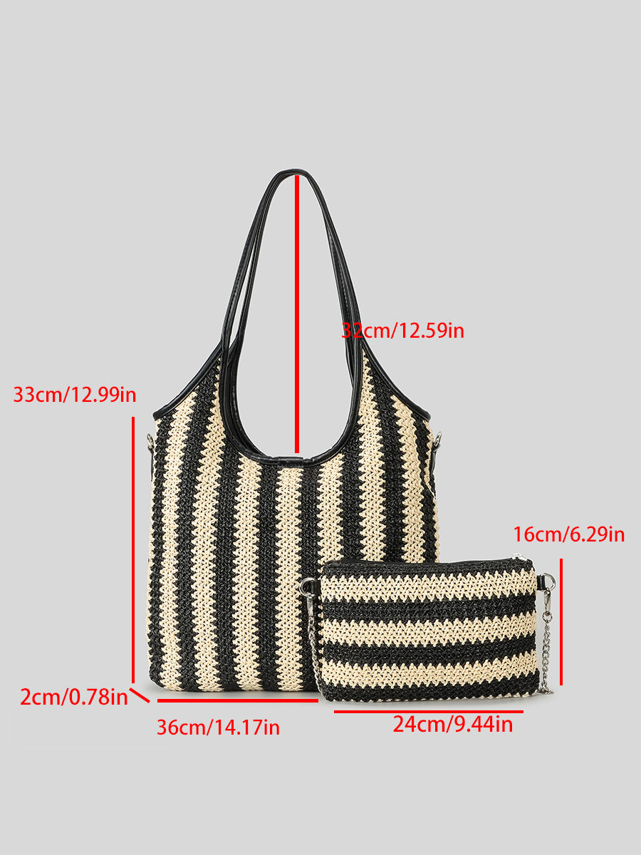 Women's Contrast Striped Vintage Straw Shoulder Bag MDA0831H2Y
