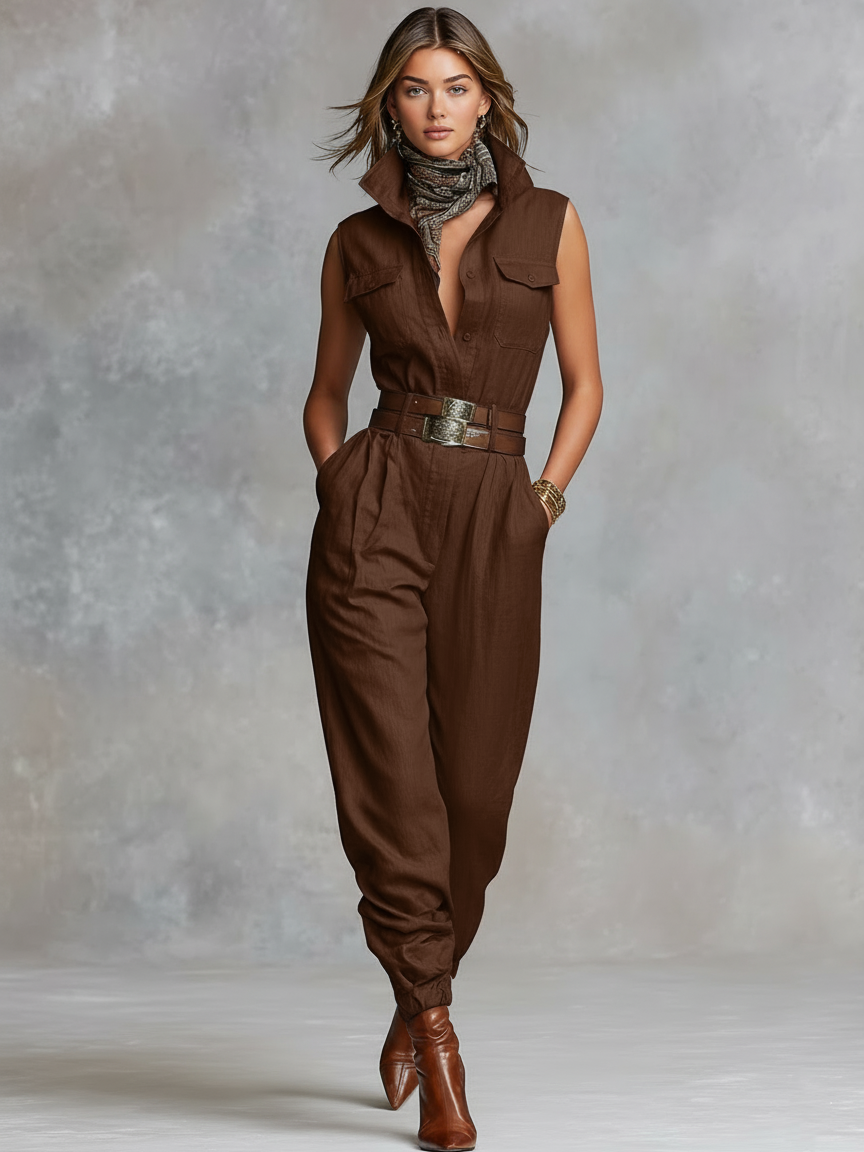 Women's Minimalist Linen-blend Button-up Collared Sleeveless Jumpsuit (belt Not Included) MDZ0530A4Y