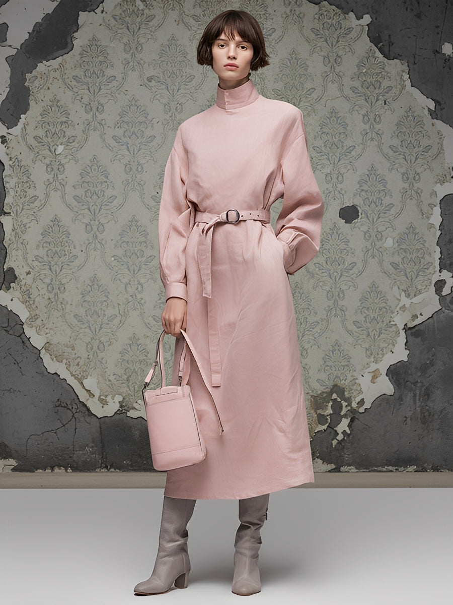 Women's Blush Pink Linen-Blend Dress With Mandarin Collar & Belted Waist, Timeless Minimalist-Elegant Style Midi Dress MDA1893L7I