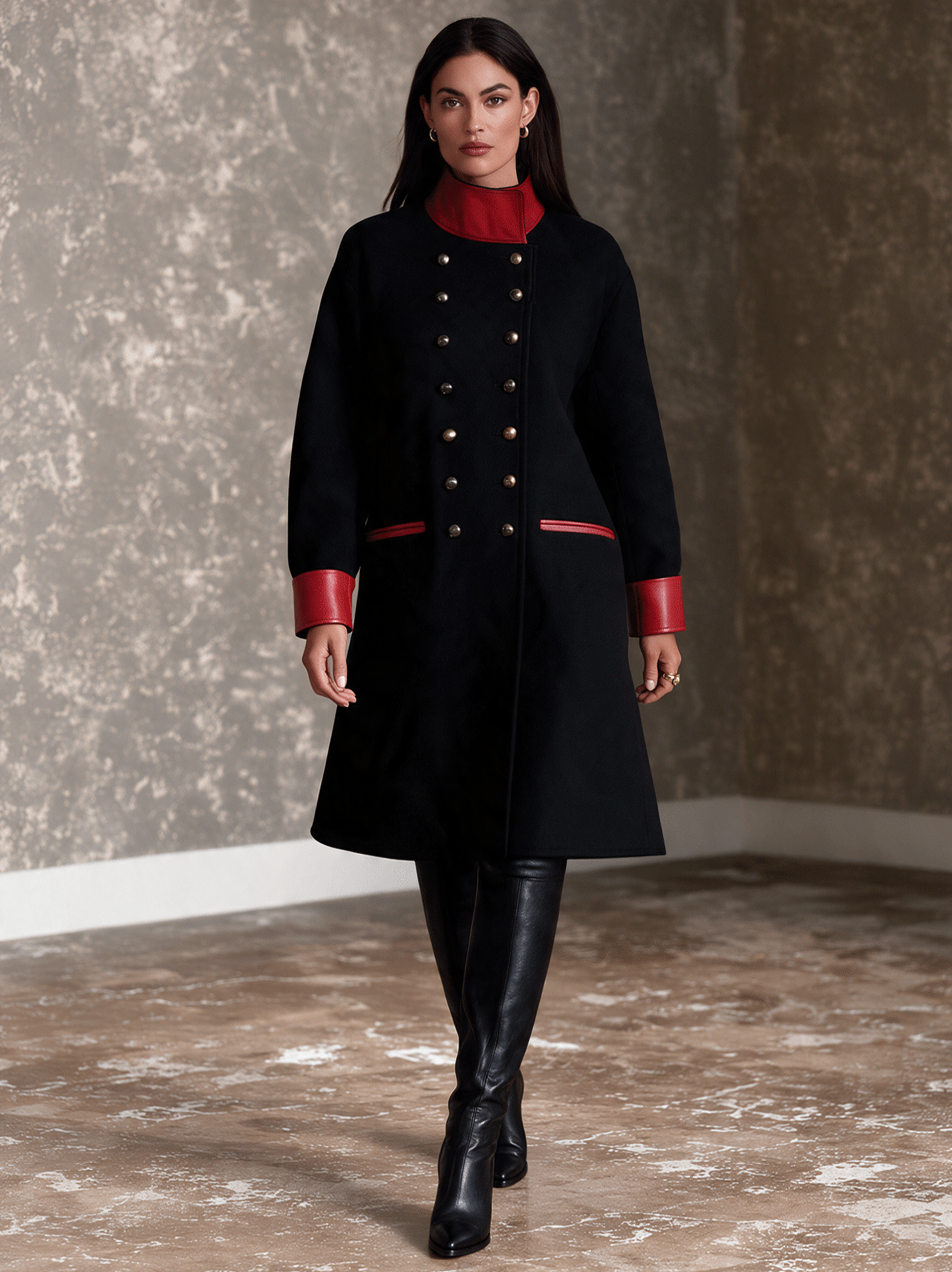 Women's Military-Inspired Double-Breasted Contrast Stand-Collar Coat