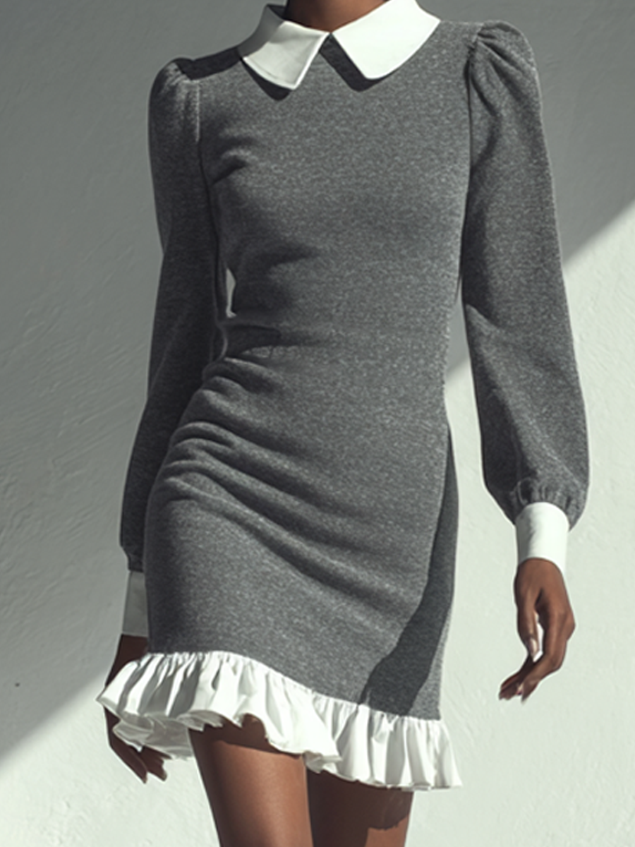Women's Gray Knitted Contrast Collar Ruffle Hem Mini Dress MDA2253L6AP