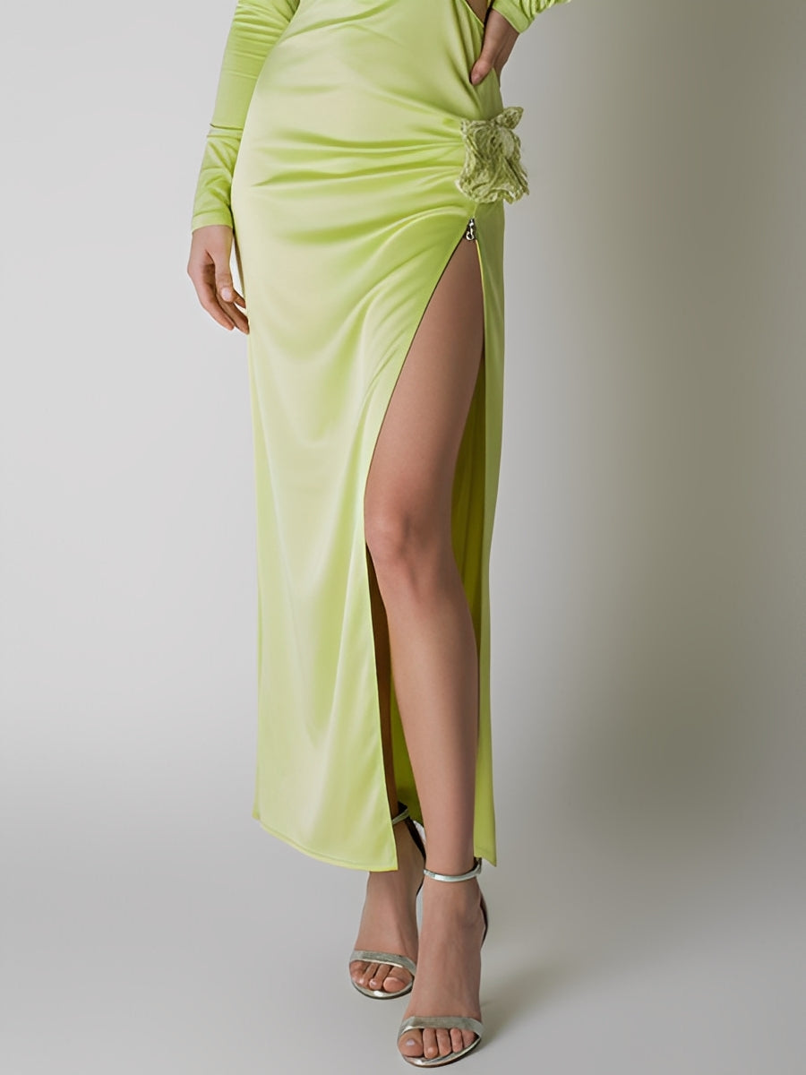 Women's Lime Green Satin Glamorous Cut-Out Side Slit (Zipper-Adjustable) Maxi Dress MDA0185K6I