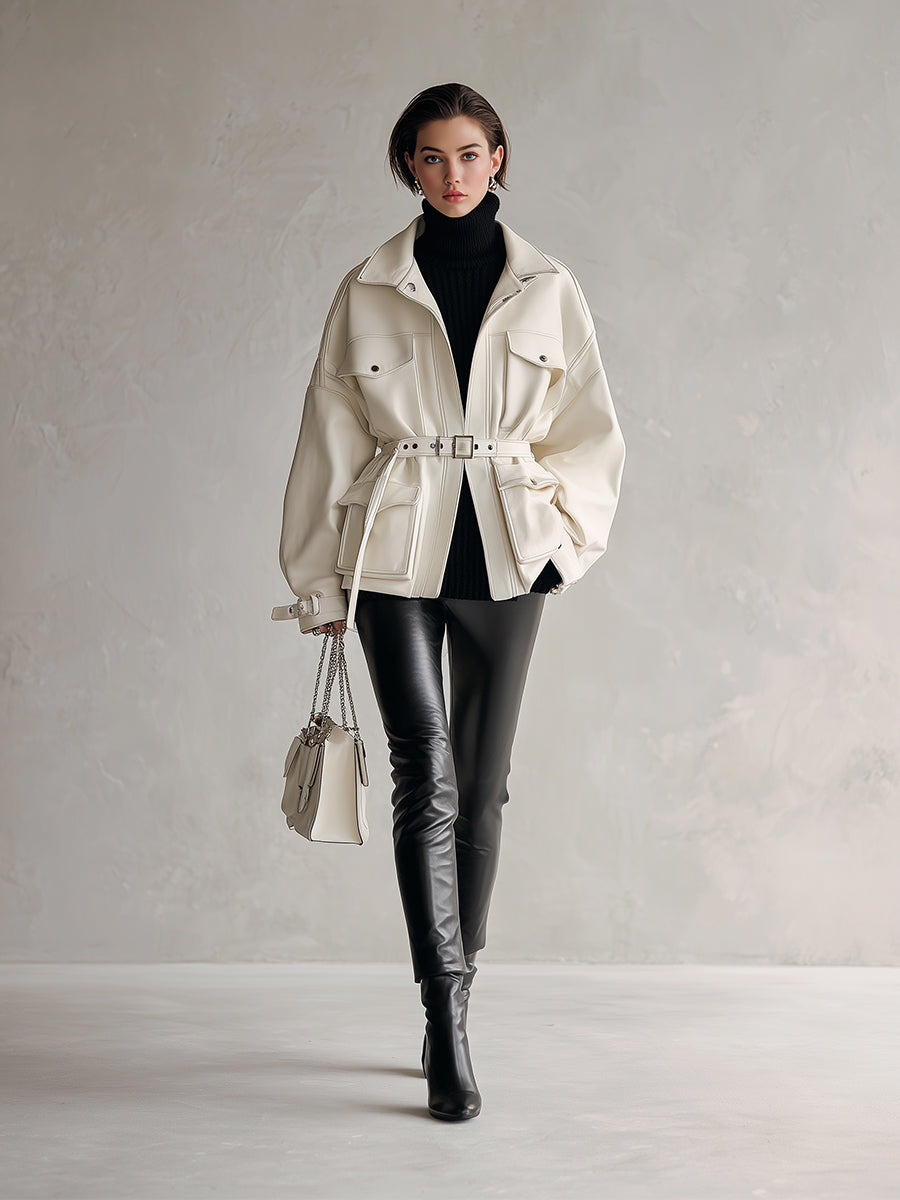 Women's Ivory Elegant PU Leather Belted Utility - Style Jacket (without Belt) MDA2627H6I