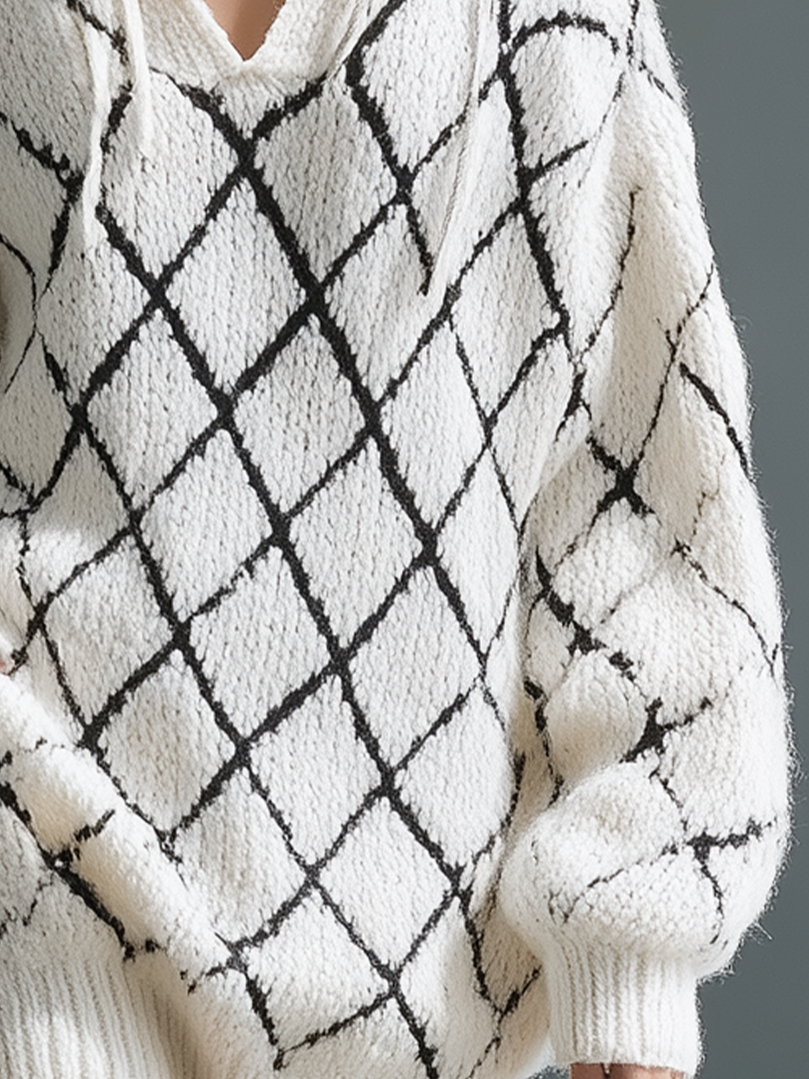 Women's White Diamond-patterned V-neck Loose Knit Sweater Mini Dress MDA0780K2T