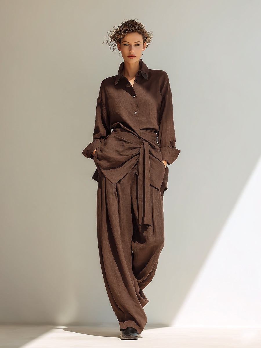 Women's Deep Brown Elegant Linen Wrap - Belted Shirt & Pants Set MDA0850H6I