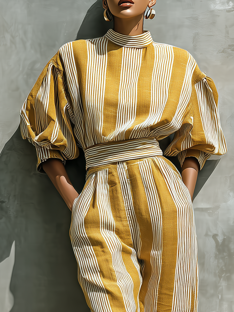 Women's Yellow And White Vertical Striped Cotton-Linen Blend Casual Set MDA2583G4T