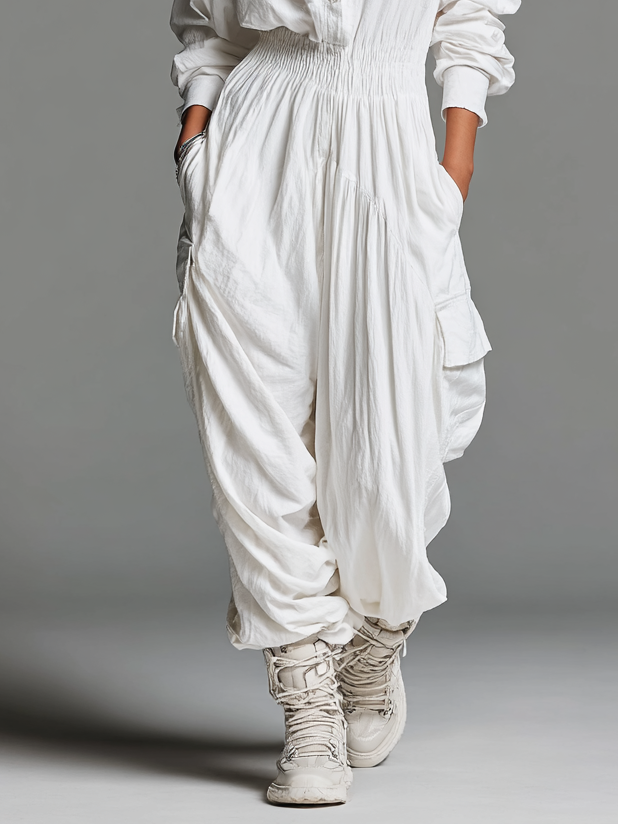 Women's Cotton And Linen Blended Lapel Single-Breasted Elastic Waist Multi-Pocket Jumpsuit MDA0406H8Y