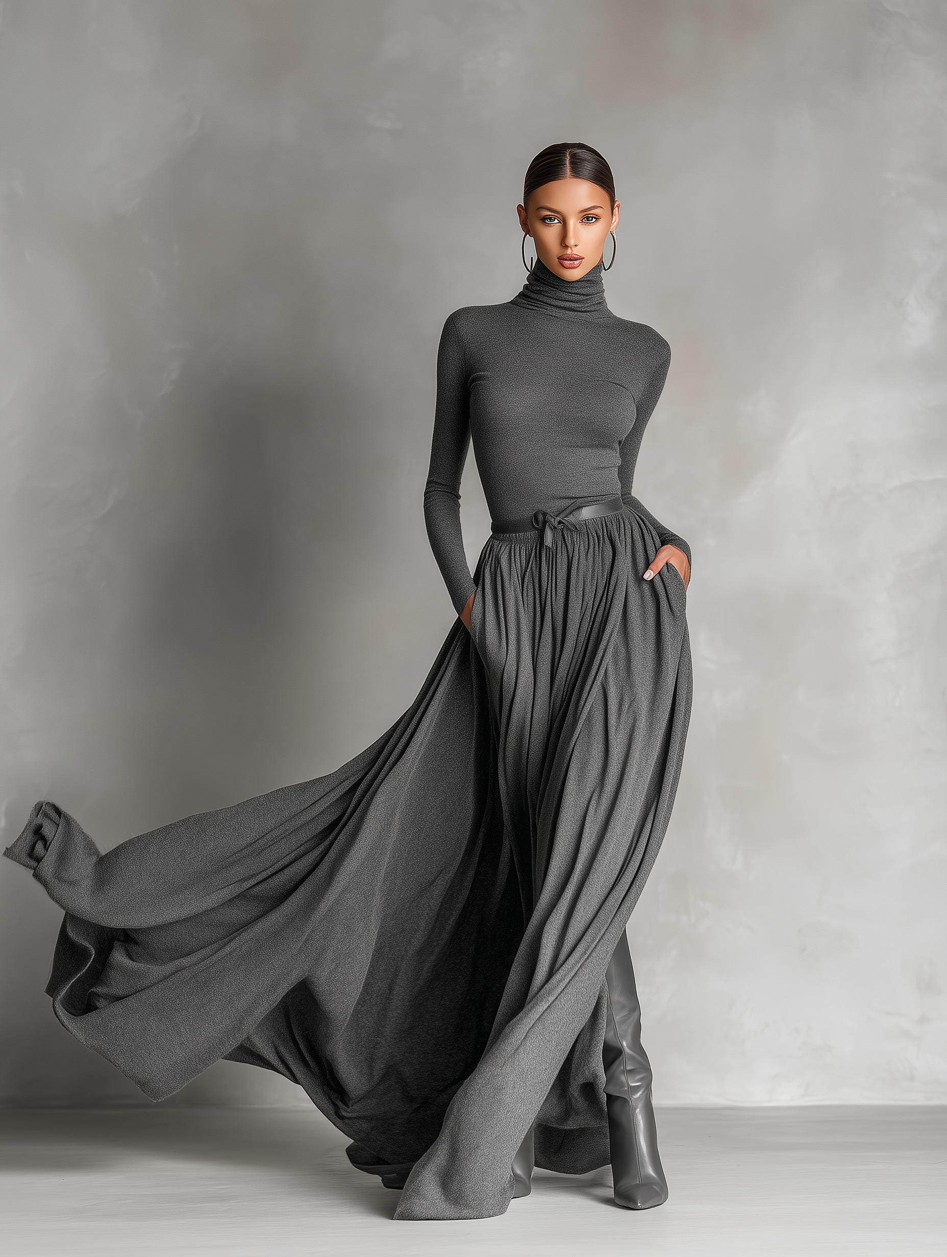 Women's Fashionable And Elegant Gray Stretch Slim Fit Long-sleeved High-neck Dress (without Belt) MDA2945K3AN