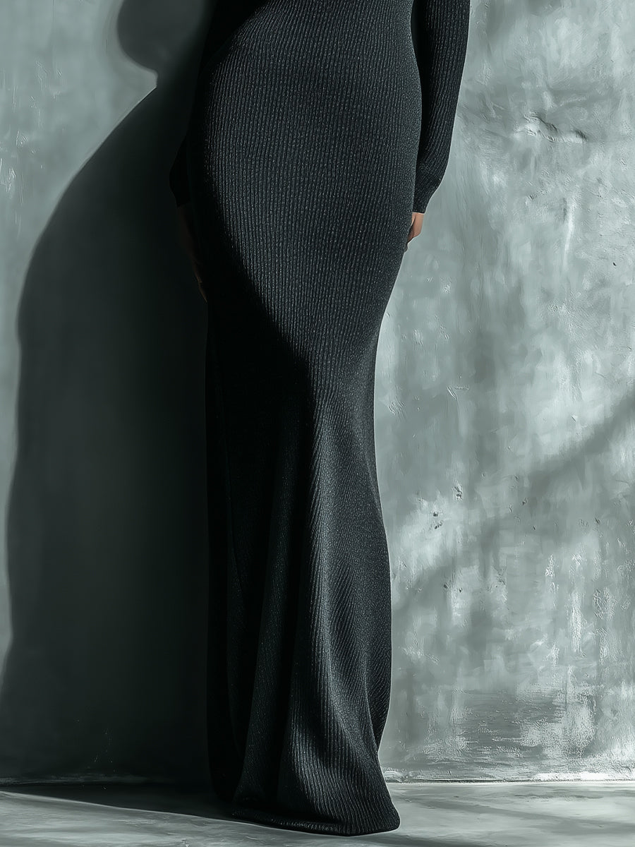 Women's Black Elegant Rib - Knit Turtleneck Maxi Dress MDA2192J8I