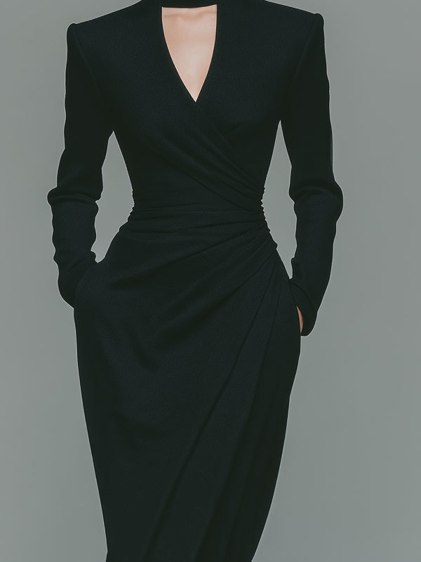 Women's Stylish And Elegant Black V-neck Slim-fit Long-sleeved Midi Dress (neck Warmer Not Included) MDA2511K0AN