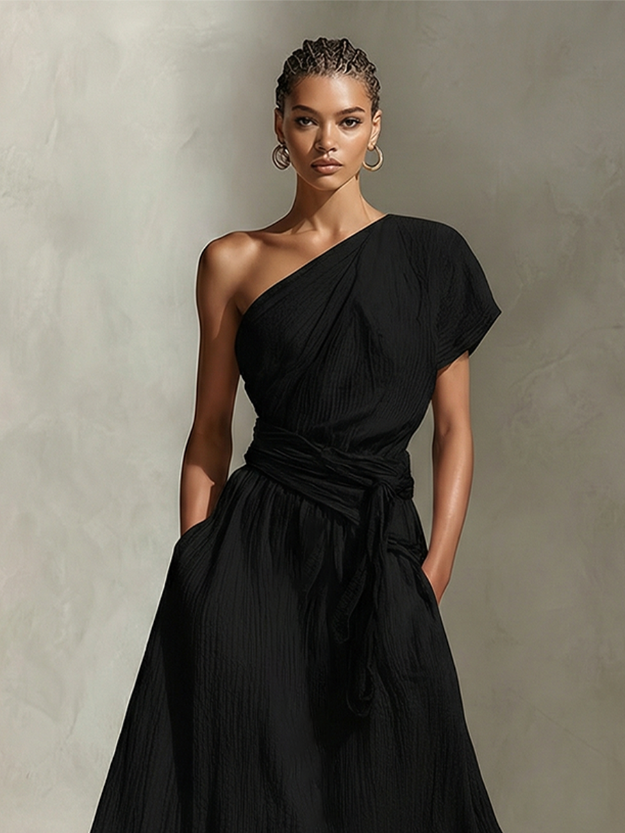 Women's Black Textured Dress With One-Shoulder Neckline & Belted Waist, Timeless Minimalist-Elegant Style Dress MDZ2876B0I