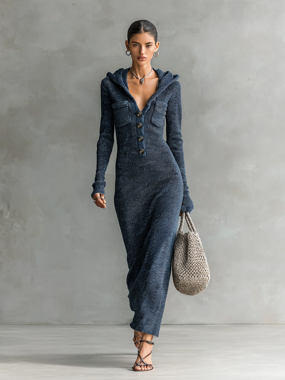 Women's Slim-fit Hooded Knitted Maxi Dress MDA1451H6Y
