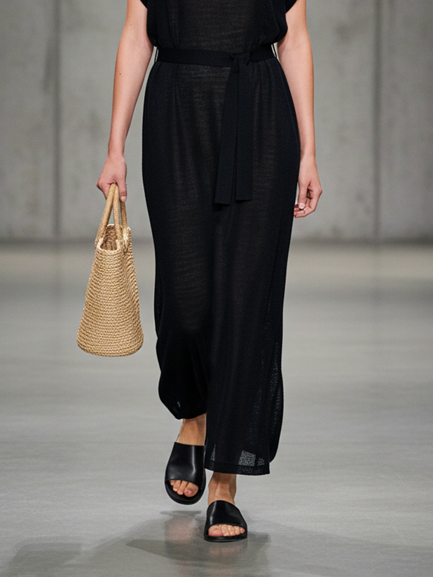 Women's Minimalist Knitted Zipper Collar Short-sleeved Sheer Maxi Dress MDZ0968A9Y