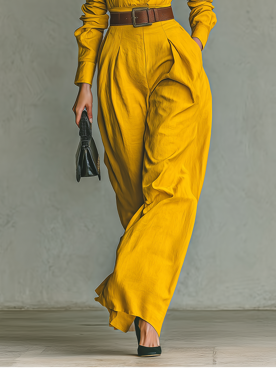 Women's Yellow Cotton-Linen Blend Cinched Waist Jumpsuit MDA2904G4T