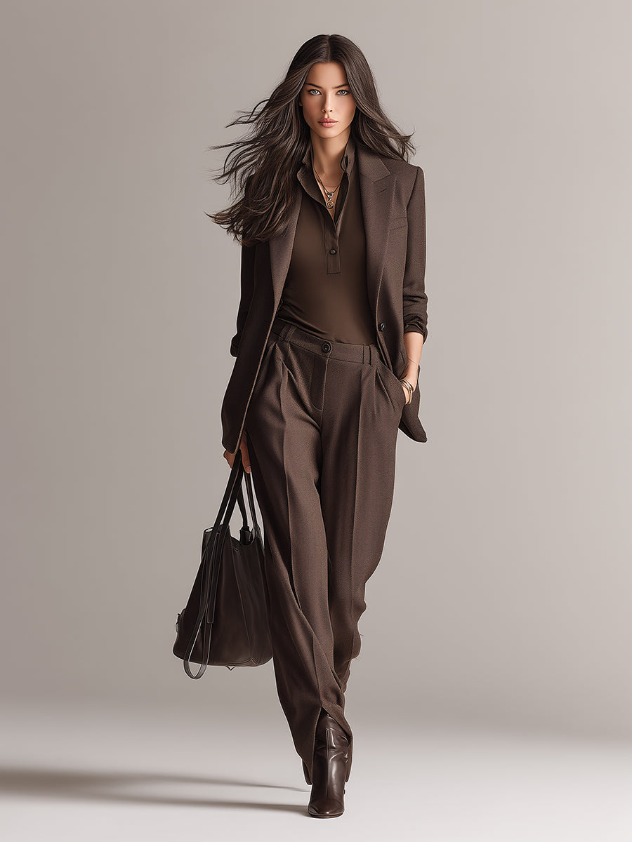 Women's Brown Matching Set With Structured Blazer & High-Waisted Bottoms, Sophisticated Business-Casual Style Set (without inner wear) MDA1683L2I