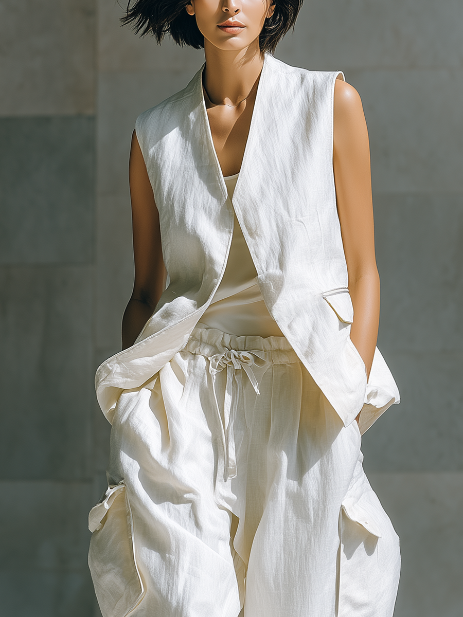 Women's Ivory Linen Fabric Sleeveless Vest & Cargo-Pocket Drawstring Pants Set MDA1917L3T