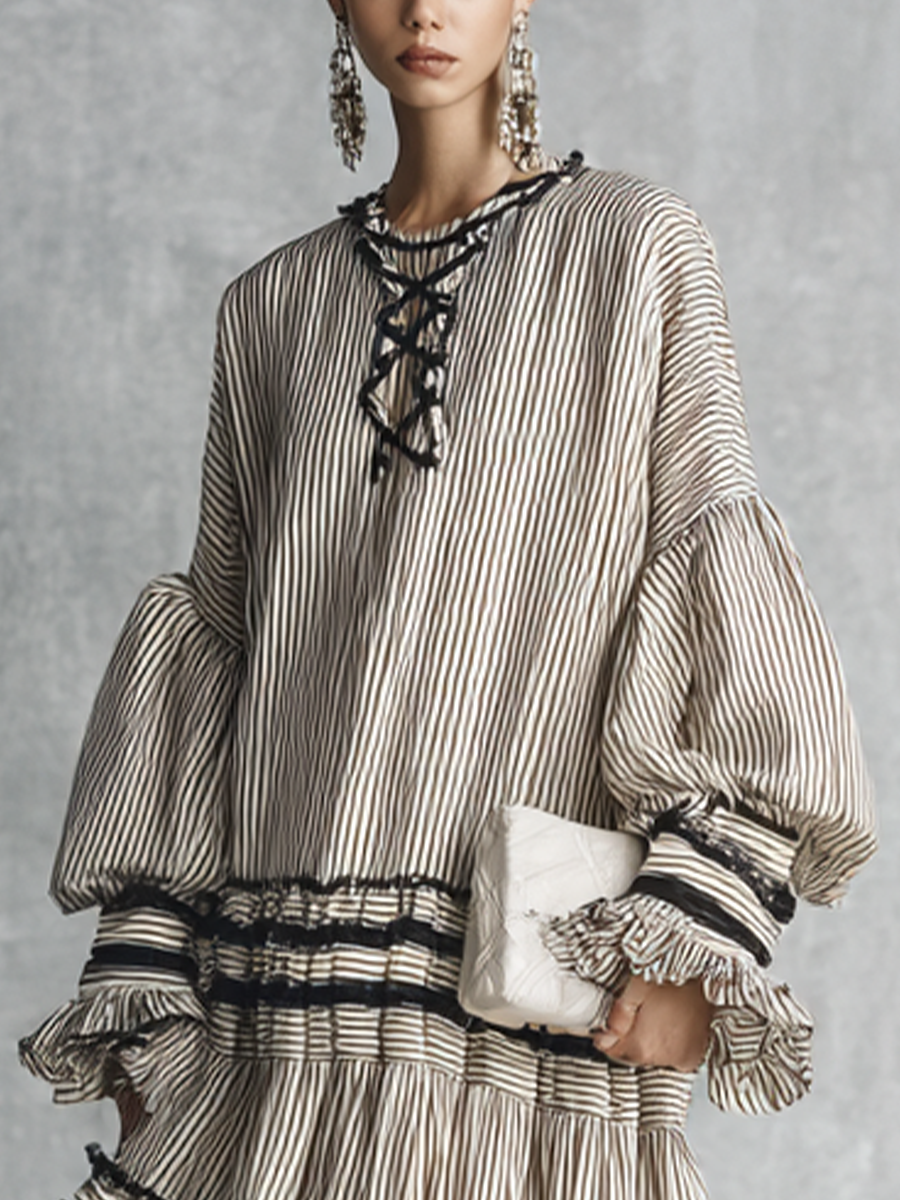 Women's Boho Striped Ruffle Tiered Cotton Blend Long Sleeve Maxi Dress MDZ1426B2BA