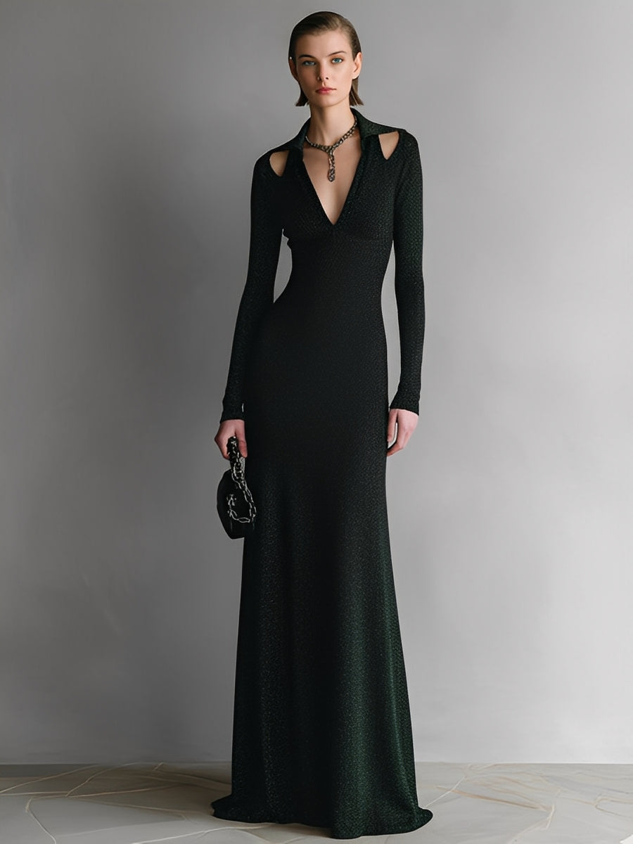 Women's Green Glitter Knit Fashion-Forward Cold-Shoulder Collared Gown Dress MDA3119J5I