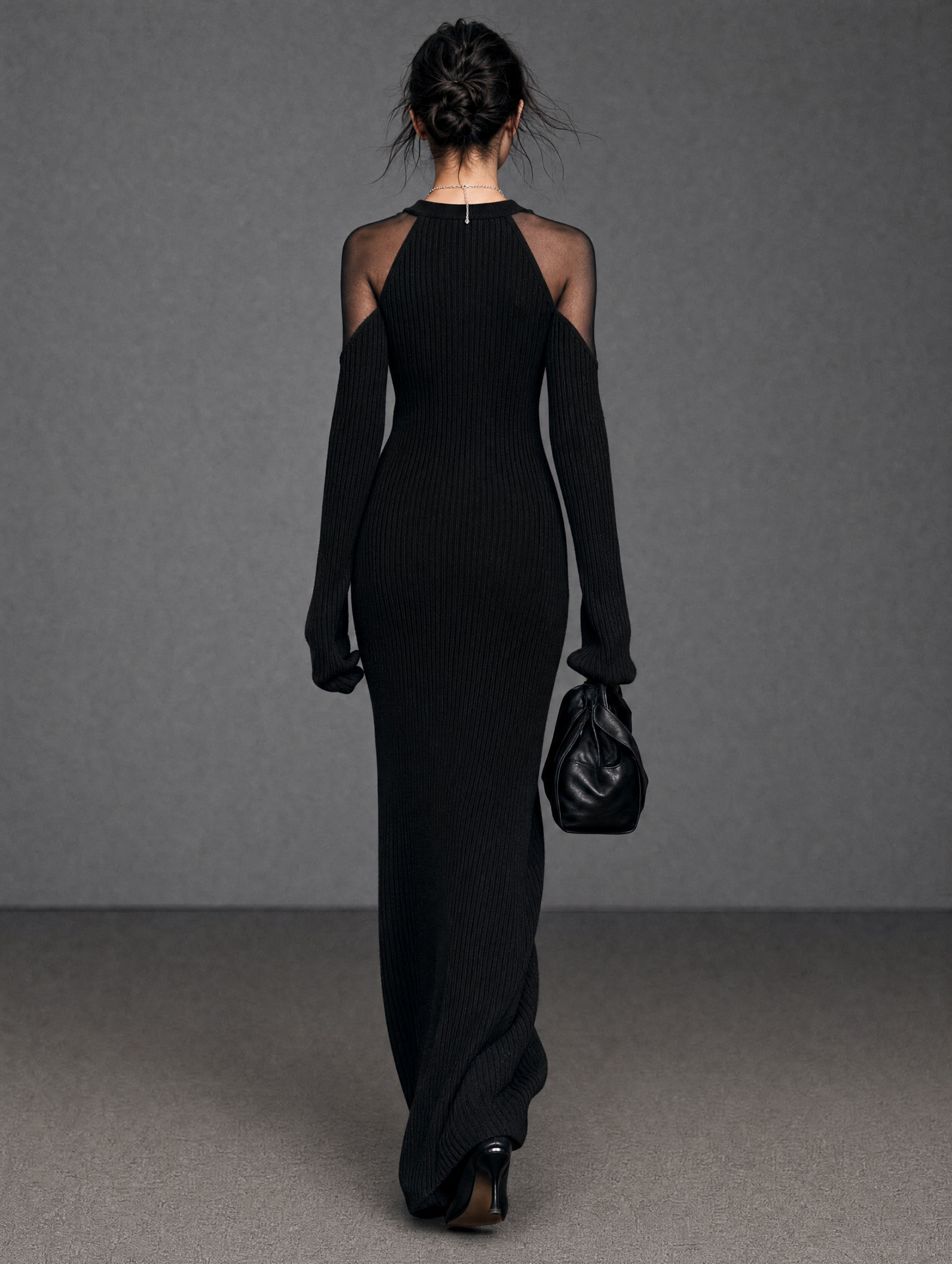 Women's Minimalist Long-Sleeve Maxi Sweater Dress With Organza Paneling MDZ2155H2WY