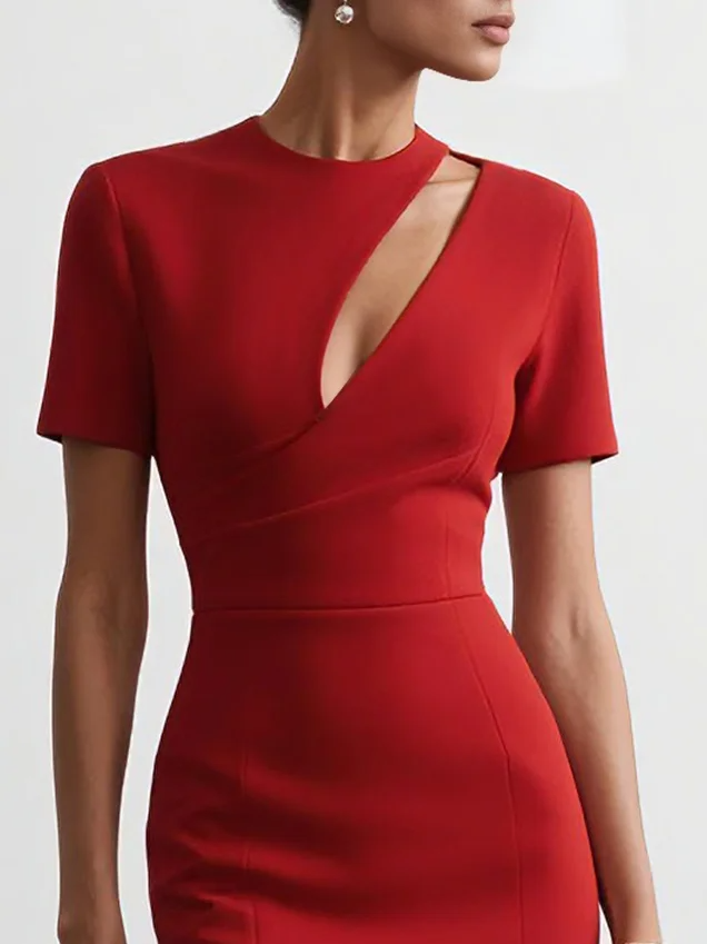 Women's Hollow Chest Round Neck Short Sleeve Waist Hip Midi Dress MDA1728F4Y