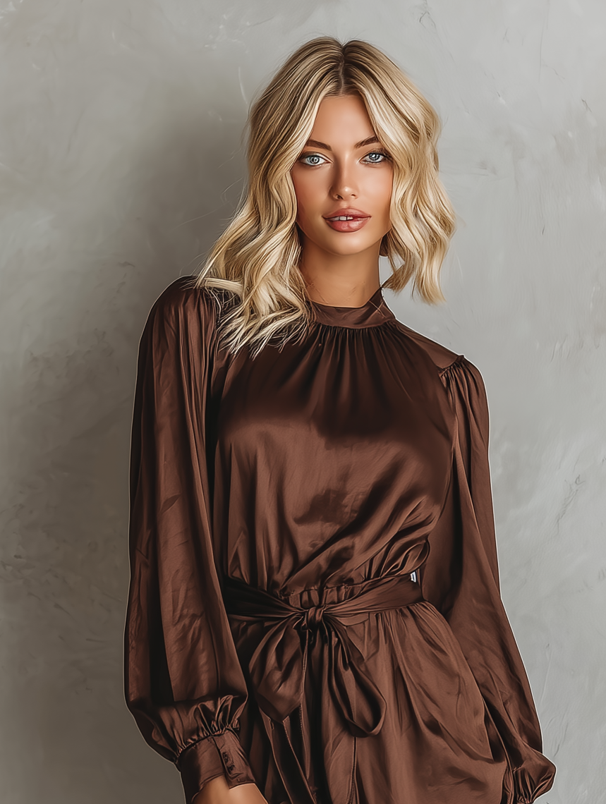 Women's Elegant And Stylish Brown Glossy Satin Long-sleeved Midi Dress, With Fitted Cuffs And A Tie Waist MDA1248K4AN
