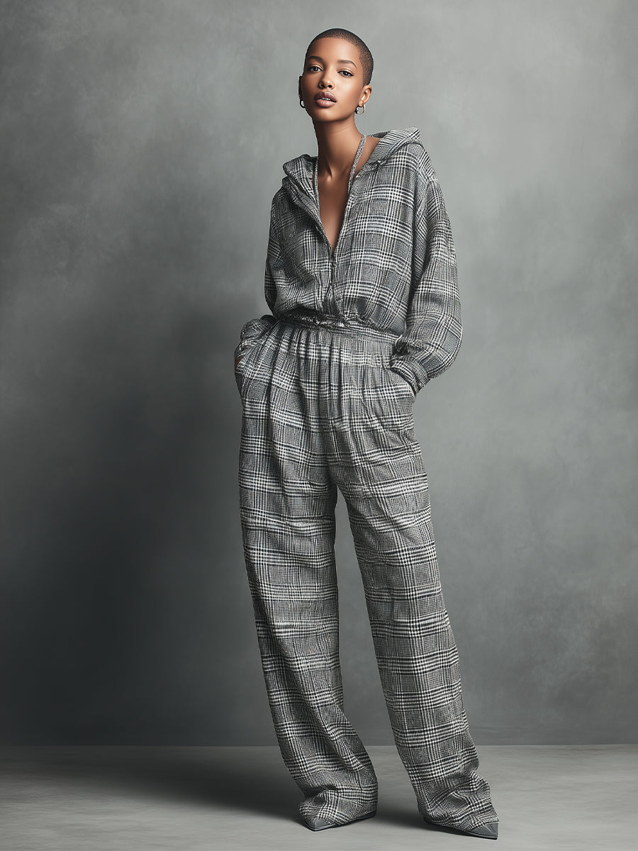 Women's Gray And White Houndstooth Modern Minimalist Stretch Waist Jumpsuit MDA2974J6I