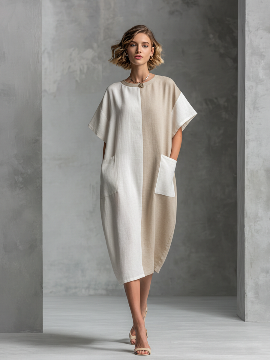 Women's Casual Loose-fitting Dress In White And Khaki Color-blocked Faux Linen Fabric MDZ3099A0BA
