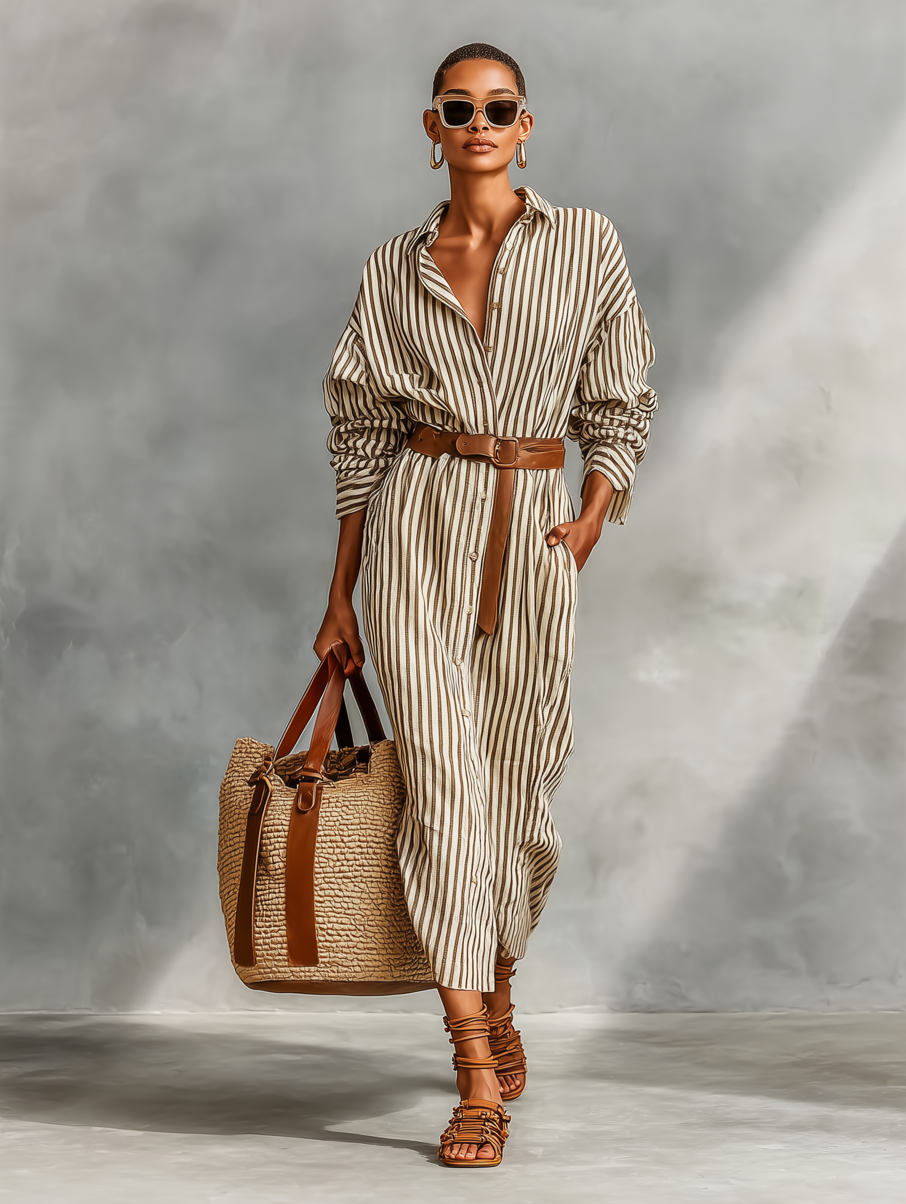Women's Elegant White And Brown Pinstripe Long-sleeved Shirt Dress (without Belt) MDA1593L9AN