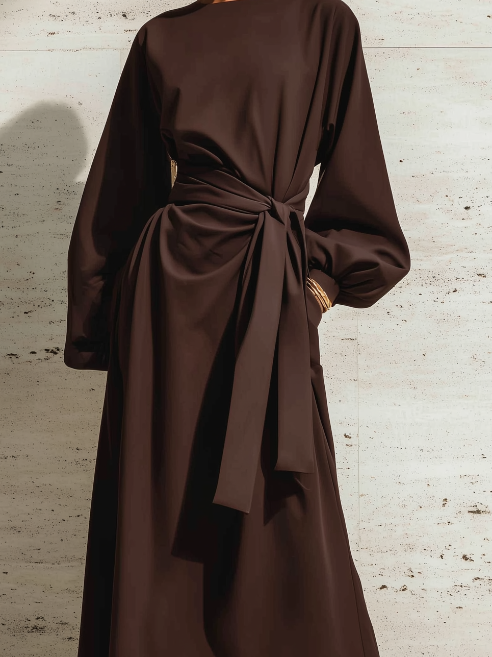 Women's Elegant Brown Round-neck Woven Loose-fitting Long-sleeved Maxi Dress With Belt MDA2548L1AN