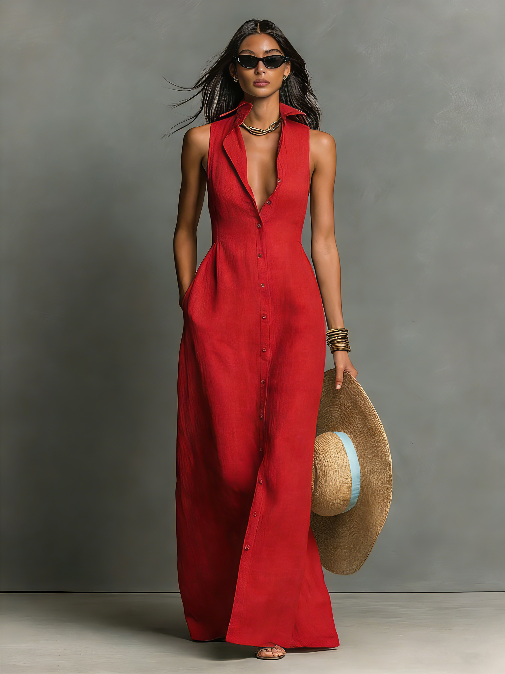 Women's Minimalist Linen-Blend Collared Single-Breasted Sleeveless Maxi Shirt Dress MDZ1011C0Y