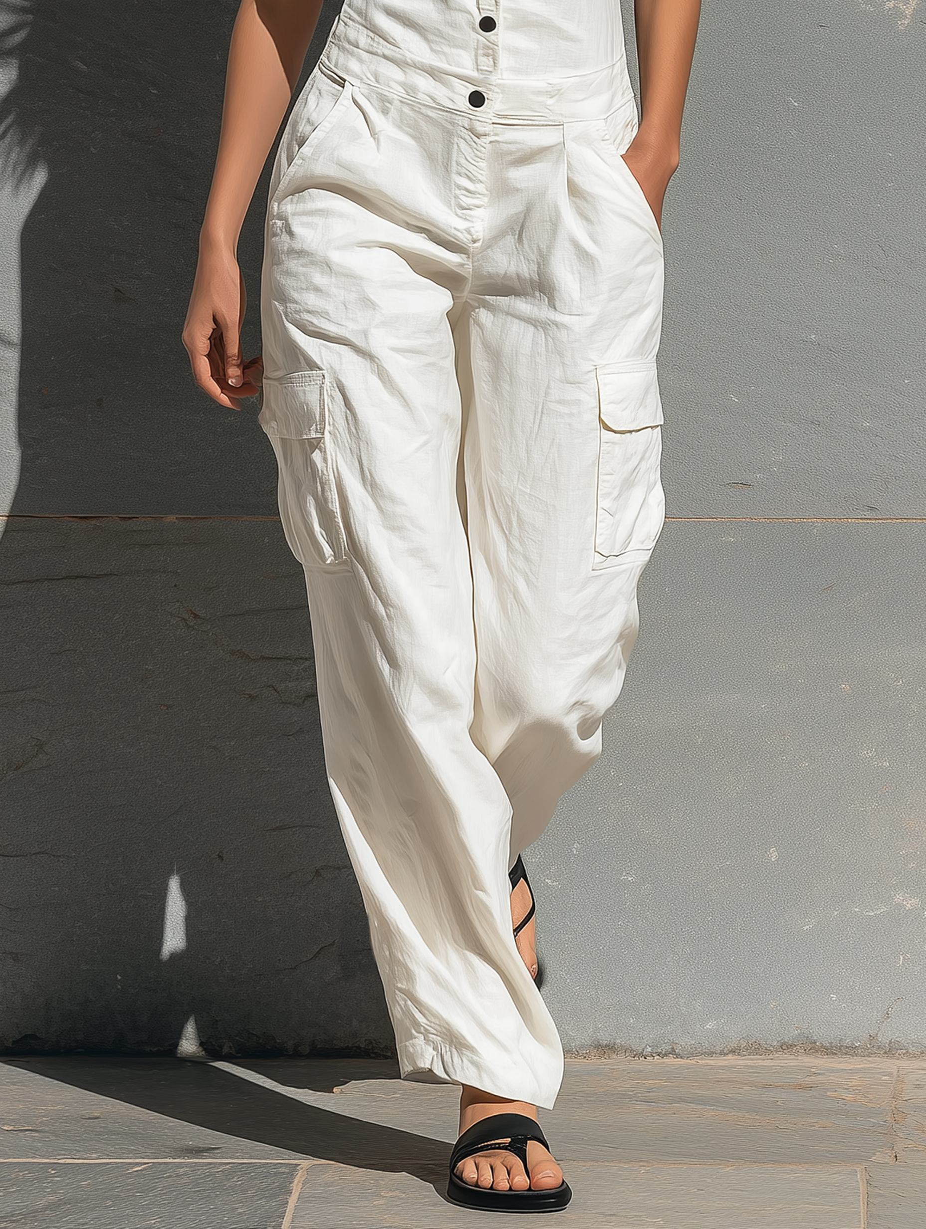 Women's Minimalist Cotton Blend Single-breasted Sleeveless Jumpsuit MDZ1304A4Y