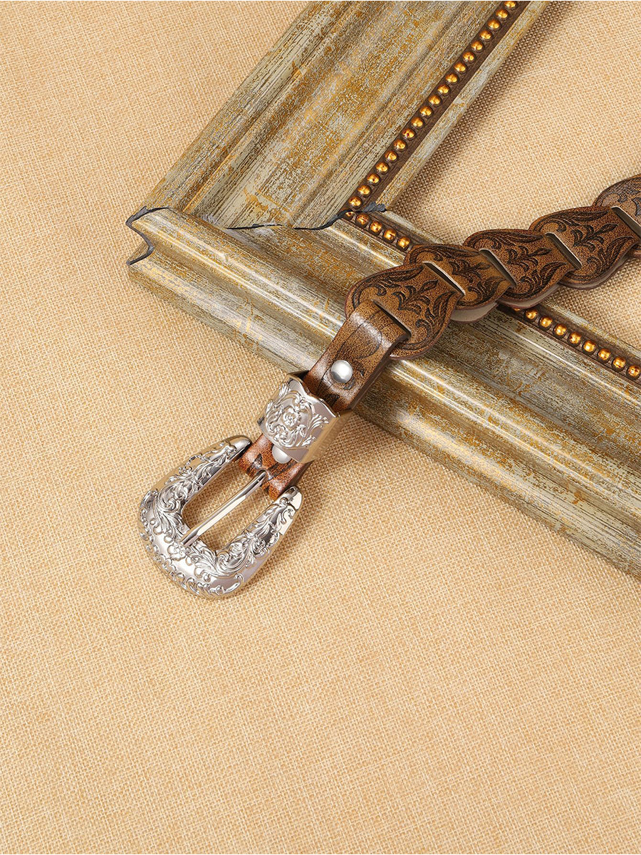 Women's Elegant Western - Style Faux Leather Floral - Embossed Waist Belt MDA1699H5I