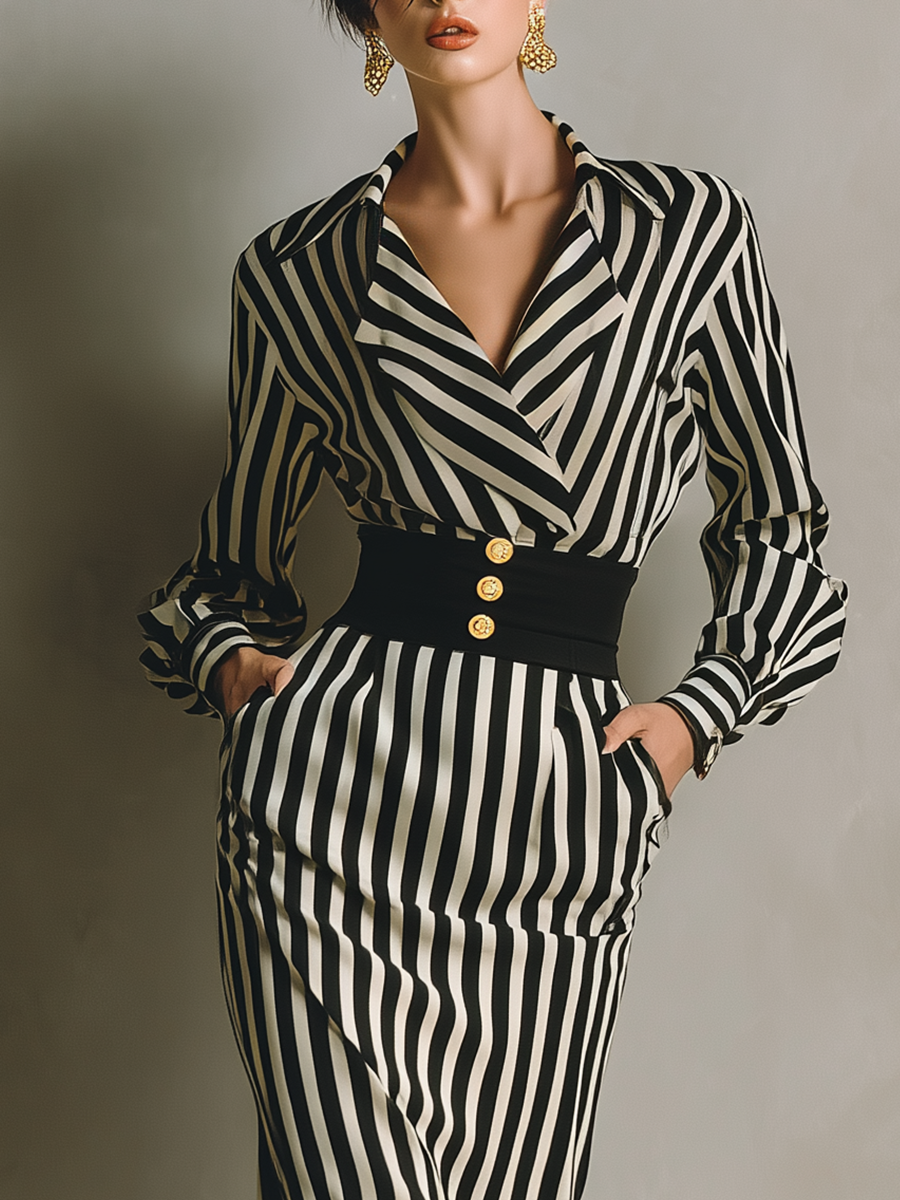 Women's Black And White Vertical Striped Chiffon Maxi Dress MDA2574G8T
