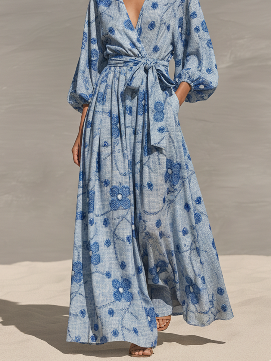 Women's Light Blue Floral Maxi Dress With Wrap Bodice & Puffed Sleeves, Timeless Resort-Elegant Style Dress MDZ2514B7I