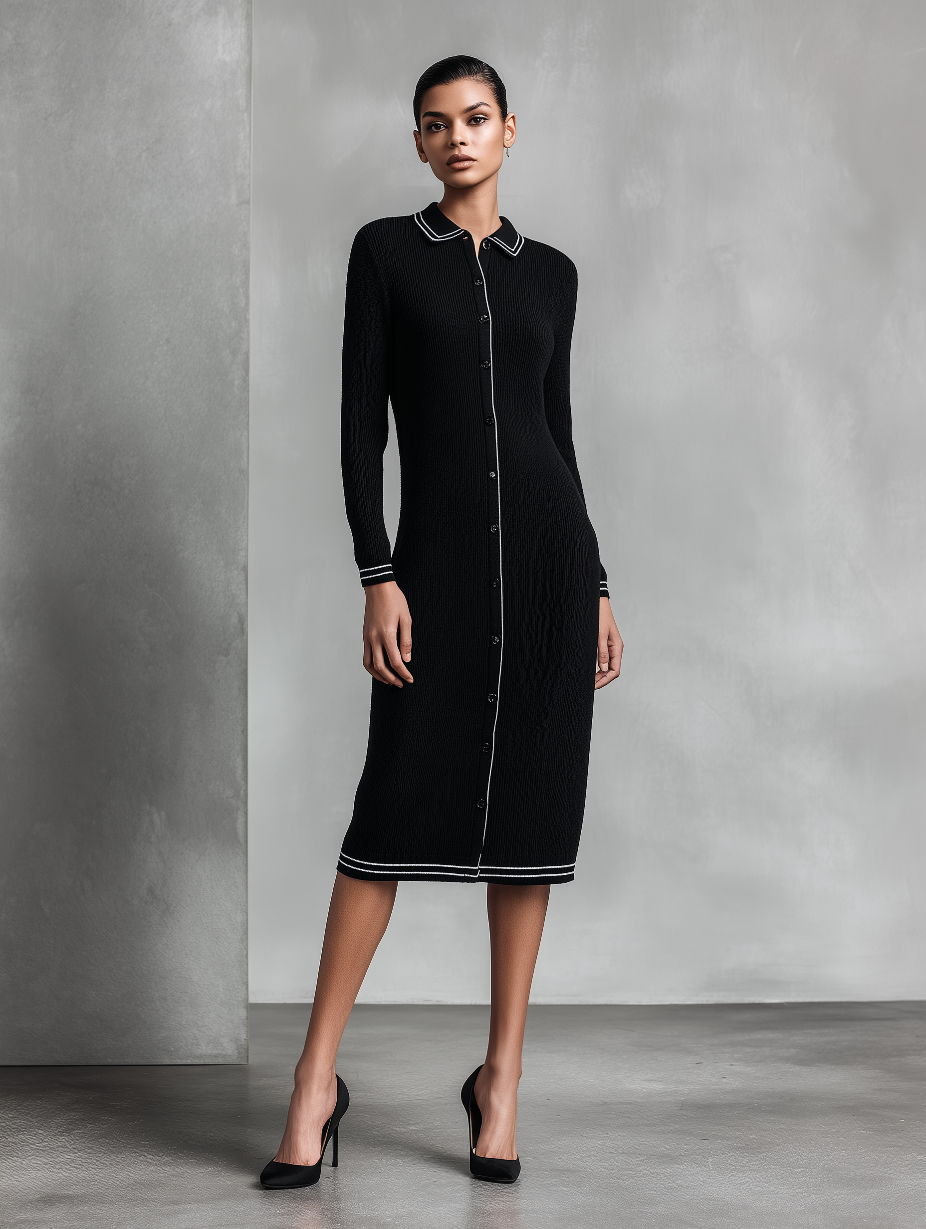 Women's Elegant Black Knitted Thin Long-sleeved Button-front Midi Dress MDZ0762A5AN